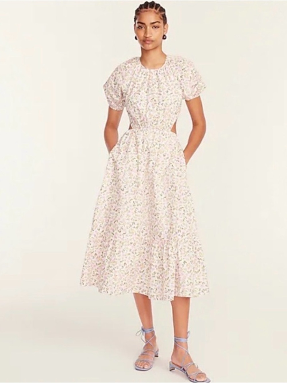 J. Crew Pastel Floral Puff-Sleeve Midi Dress